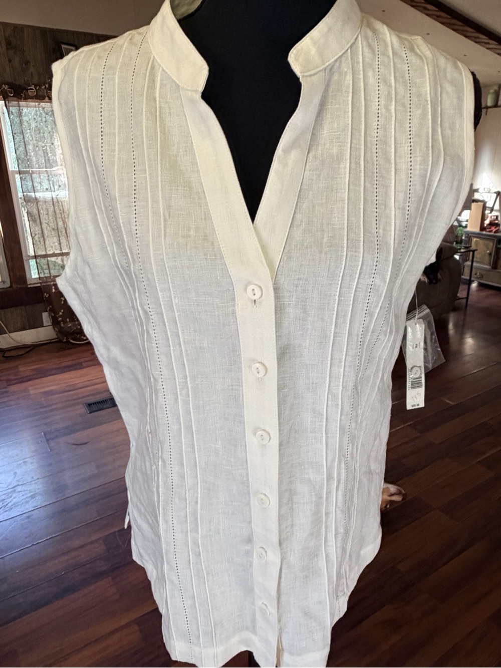 Kim Rogers Sleeveless Cream Pintuck Button-Front Blouse